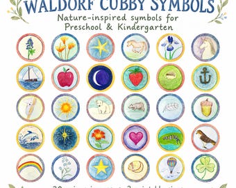 Waldorf Cubby Symbols, 30 Hand-Drawn Printable Cubby Labels for Preschool and Kindergarten, Watercolor Name Tag Pictures, PDF