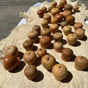 May include: A collection of small, turned wooden objects in various shades of brown, from light tan to deep reddish-brown. Each piece has a rounded body and a small hole at the top. They are arranged on a textured, light-colored surface.