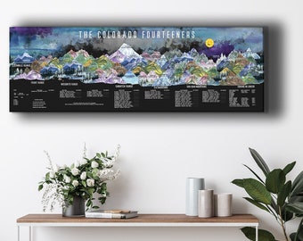 Colorado Fourteeners Black Canvas, Progress Tracker, Coloring Bucket List Map, CO 14er, 58 CO Peaks, Birthday Gift, Real Estate Gift, Hiker