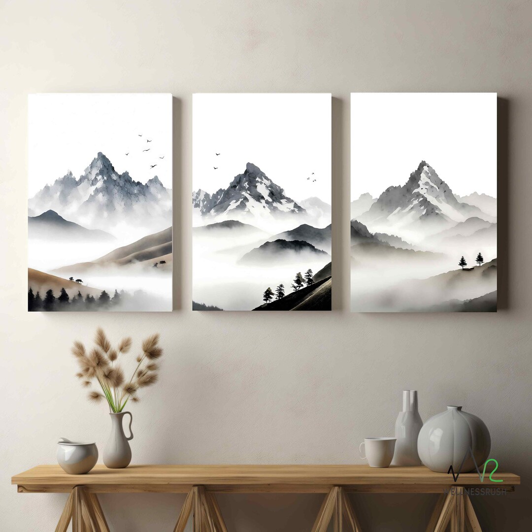 Majestic Mountain Peaks, 3 Piece Canvas Wall Art Set, Modern Home Decor ...