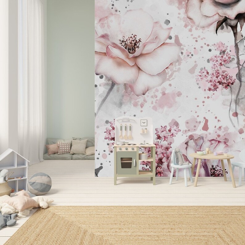 Large Print Floral Wallpaper Nursery Room Decor Pink Rose Wall Etsy