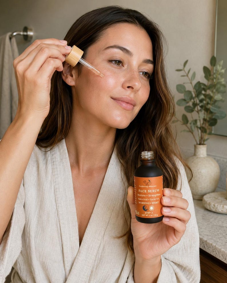 May include: A woman applying face serum from a brown glass bottle with a dropper. The bottle has an orange label with the words "FACE SERUM" and "MORNING + NIGHT". The serum is clear and the dropper is made of bamboo.