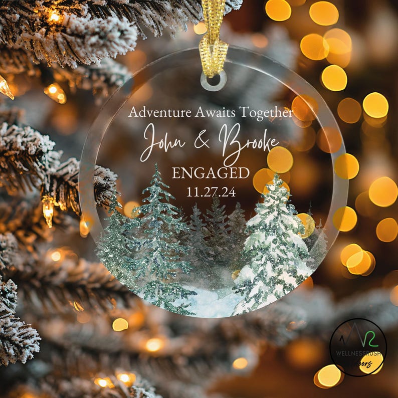 Personalized Engagement Couple Glass Ornament, Snow Pine Tree Custom ...
