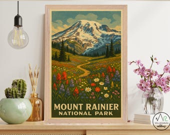 Mount Rainier WPA Framed Poster, Vintage National Park Wall Art, Premium Matte Print, Natural Wood Frame, Home Art, Office Decor, Dormitory