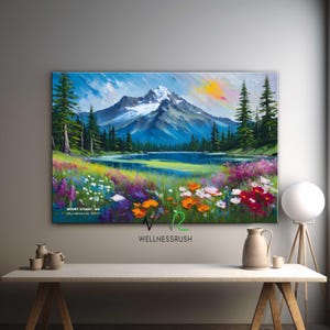 May include: A rectangular wall art print depicting a landscape with a snow-capped mountain, a calm lake, and a foreground of colorful wildflowers in shades of red, orange, and white. The text MOUNT STUART, WA is printed in the lower left corner.