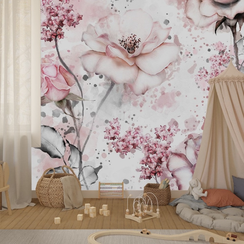Large Print Floral Wallpaper Nursery Room Decor Pink Rose Wall Etsy
