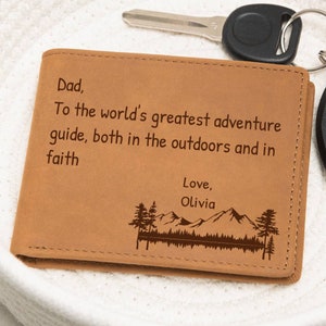 Cartera de hombre de cuero personalizada para el Día del Padre cristiano, Regalo personalizado para él, esposo y papá, Cuero genuino, Regalo para amantes de la montaña