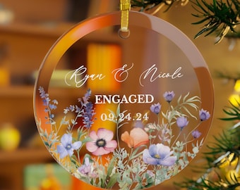 Personalized Wildflower Engagement Ornament, Custom Couples Glass Ornament Gift for Engaged Couples, Wedding Keepsake, Anniversary Gift