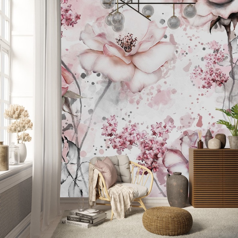 Large Print Floral Wallpaper Nursery Room Decor Pink Rose Wall Etsy