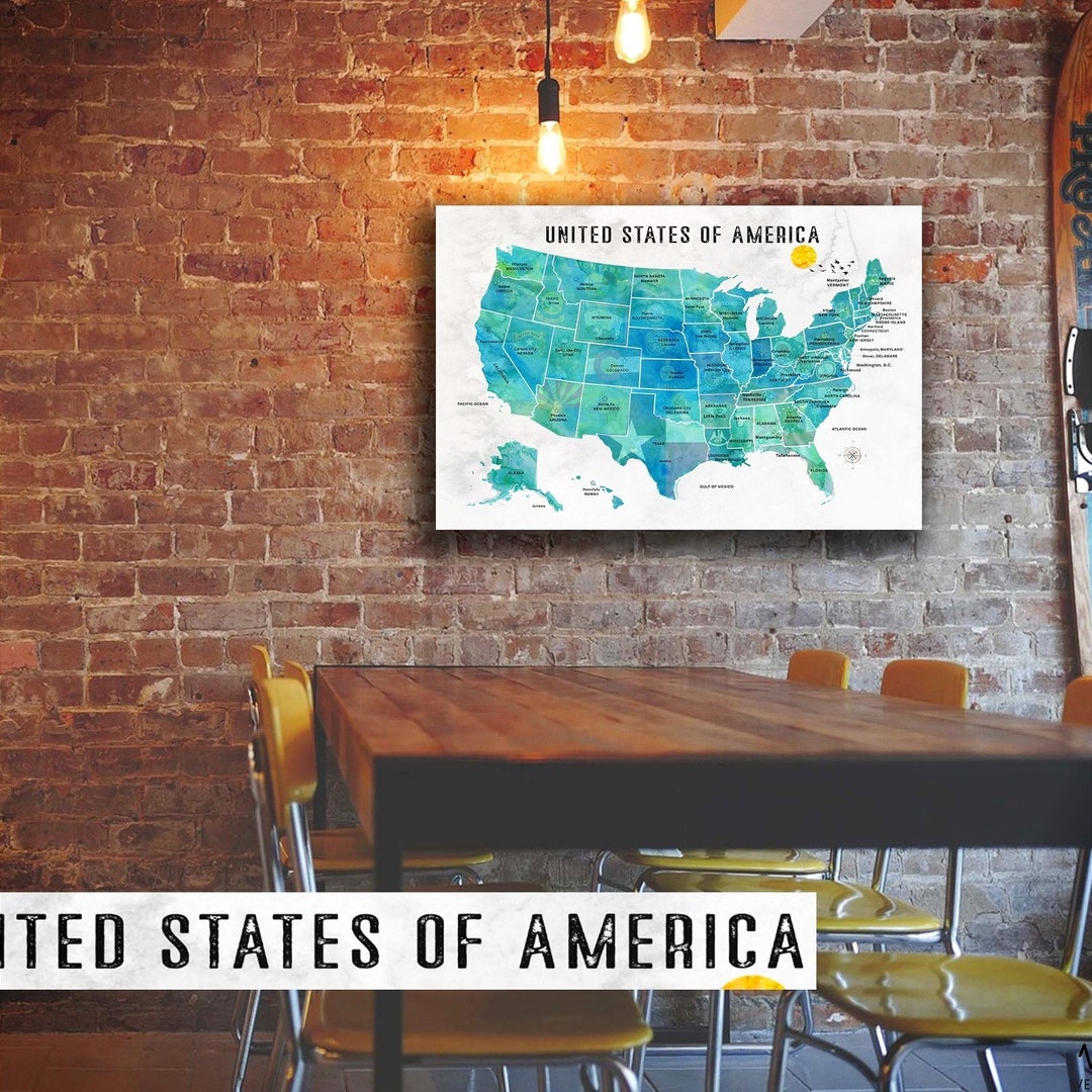 50 States Map Canvas Wall Art Home Decor Mountain US Map Gift for 
