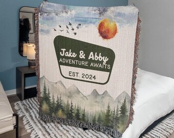 Personalized Woven Couple Snuggle Blanket Wedding Anniversary Gift for Outdoor Lovers-Mountain Camping Travel Tapestry, Custom Picnic Throw