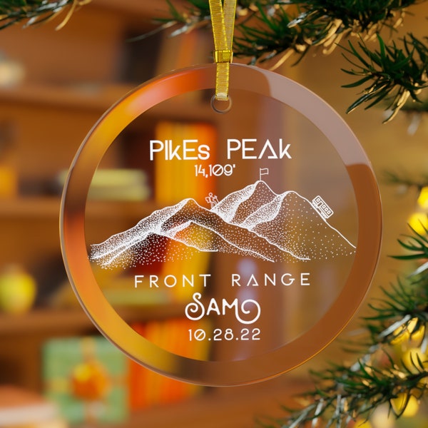 Pikes Peak CO Fourteener Glass Ornament Personalized Front Range Mountains Gift Hiker Men Women Kids Handmade Travel Trendy Tracker Outdoor