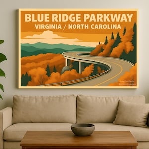 Vintage Blue Ridge Parkway Canvas Wall Art, WPA Style Travel Poster, Mountain Landscape Print, Outdoor Lovers Gift, Rustic Home Décor, Dorm