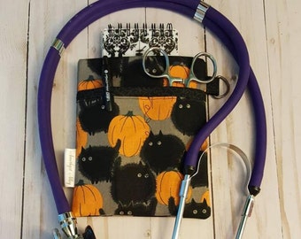 Nurse Scrub Pocket Organizer Purse organizer. Nurse Gift, Graduation, Clinical, RN, CNA, LPN, Vet Tech. Black Cats & Pumpkins!