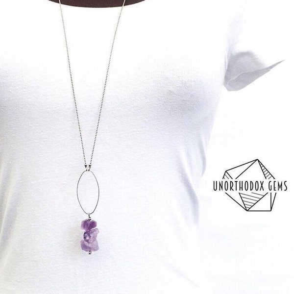 Amethyst Cluster Long Necklace - Boho Crystal Healing Necklace - Bohemian Festival Layering Necklace - Geometric Purple Cluster Gem Necklace