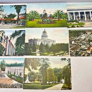 8 cartes postales californiennes Missions des années 1910, Berkley, Sacramento, Pasadena