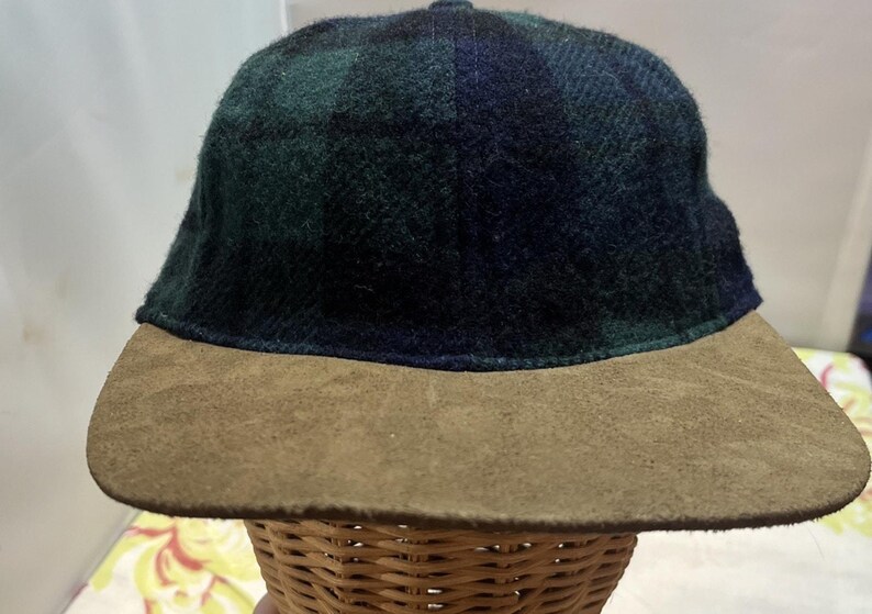 VTG Pendleton Blue Green Tartan Plaid Trucker Baseball Cap Hat Men's Suede Bill zdjęcie 2
