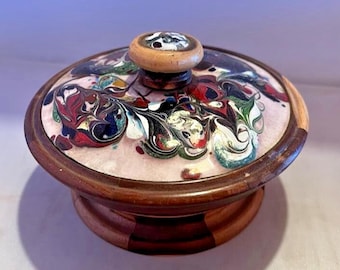 Artisan Made and Signed Chain Tree Wood Bowl Copper Enamel Lid