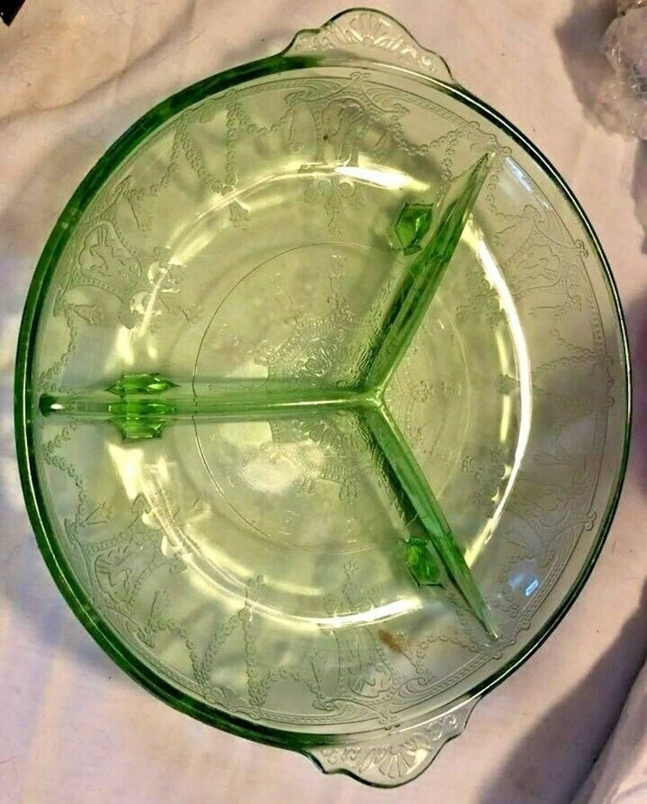 Green Depression Glass 'Cameo' 3 Part Footed Relish Dish