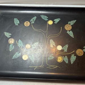 Vintage serving tray MCM Couroc of Monterey Large Money Tree with World Coins