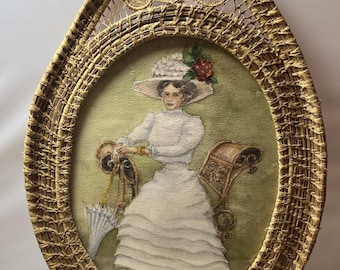 Woven Coiled Grass Antique Frame with Original Edwardian Lady Drawing