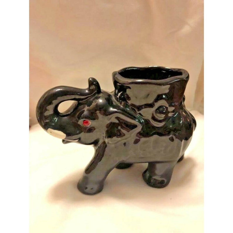 Attic Find Vintage Porcelain Japan Black ELEPHANT VASE Rhinestone Eyes