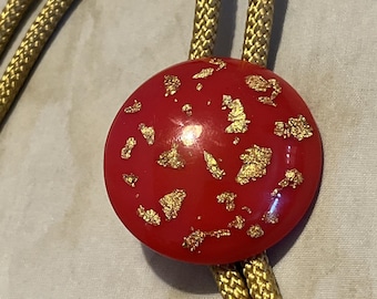 Mid Century Bolo Tie Resin with Gold Flakes RED Tan Retro MOD Western
