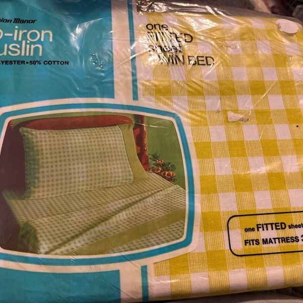Vintage Yellow Puce Checkered Muslin Twin Fitted Sheet, JC Penny New