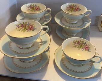 Vintage Homer Laughlin Eggshell Georgian Chateau Blue Cups & Saucers 7 Sets