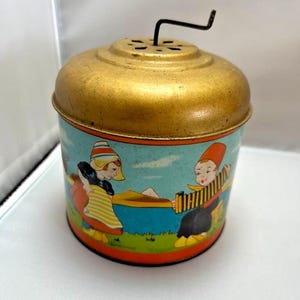 Vintage Germany Litho Tin Toy Hand Crank Music Box Dutch Children C1940