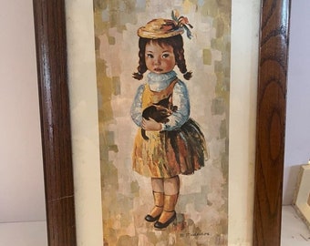 VTG MCM MEDEIROS Druckkunst 1960er Boodsy Girl mit Kätzchen Kitty Litho gerahmt