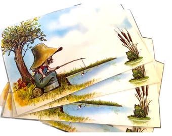 4 Laminated 1970s Placemats Little Girl Fishing Flying Kite