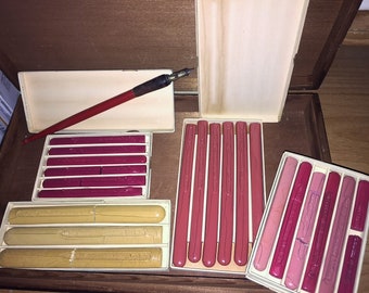 Old Wax Seal Set with Calligraphy Pen in California Redwoods Wooden Box