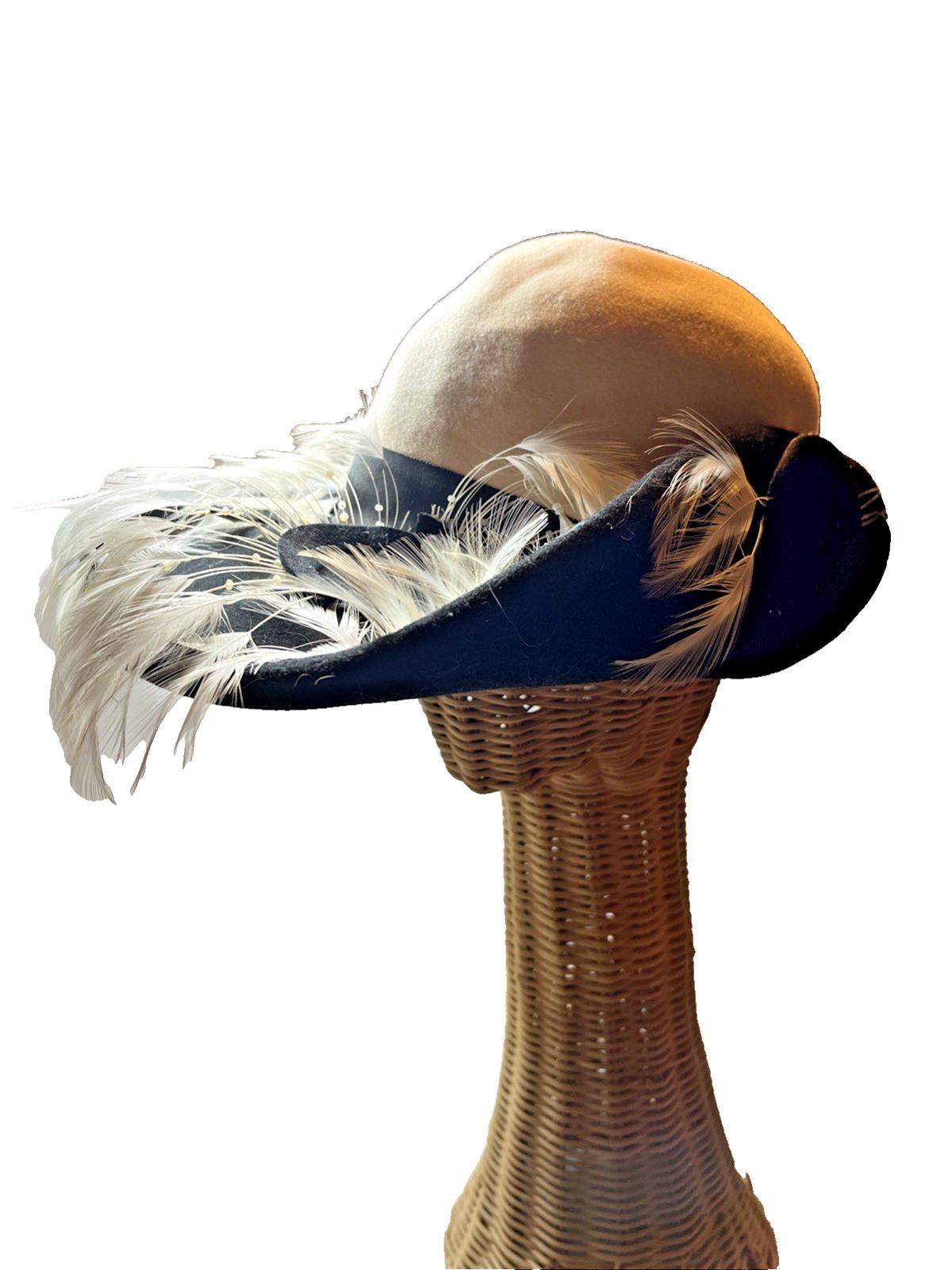 VTG Mr Charles Black Straw Hat w/ Elegant Feather Accent Satin Band Fancy Derby Derby Straw Vintage Hats for Women for sale | eBay main image 2