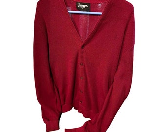 Jantzen 80's Cuff Sleeve V-Neck Button Red Cardigan Sweater Large L MR ROGERS