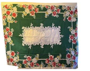 Vintage Cloth Tablecloth Floral Tulips Red Gray Green 50" x 60"Simtex