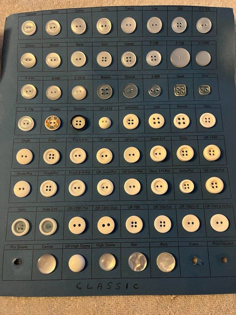 Vintage Salesman Sample Button Cards FANCY and CLASSIC 'pearl' White