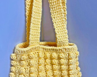 Vintage 70s Style Yellow Popcorn Crochet Shoulder Bag Boho Hippie Festival Purse