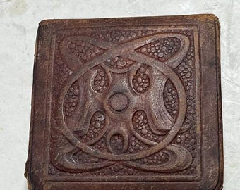 Antique Arts and Crafts Leather Advertising Pocket Mirror