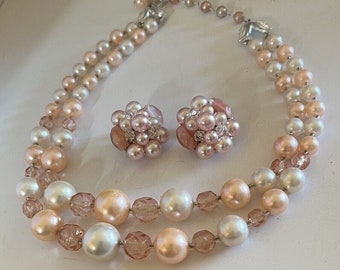 Roze kraal en kristal Mid Century ketting en oorbellen