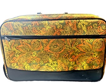 Vtg 60's Floral Hippie Flower Power MCM Canvas Suitcase 18x10.75 WITH KEY