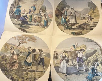4 Antique Hand Colored Prints Engravings Printers Sheet