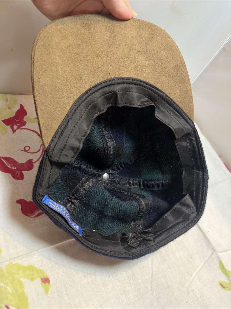 VTG Pendleton Blue Green Tartan Plaid Trucker Baseball Cap Hat Men's Suede Bill zdjęcie 4