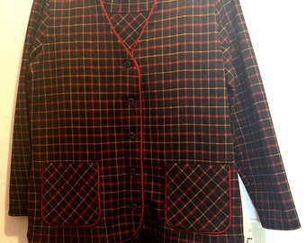 Set gonna e giacca da abito Vtg Douglas Marc rosso nero scozzese Union Made Classy C1970