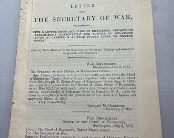 Letter from the Secretary of War Delaware River at Camden NJ 1914 w MAP