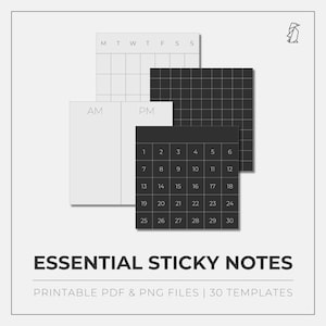 Peut inclure: Un ensemble de modèles d'autocollants imprimables pour la planification et l'organisation. Les modèles comprennent un calendrier quotidien, un planificateur hebdomadaire et une note vierge avec des sections AM et PM. Les modèles sont en noir et blanc et ont un motif de grille.