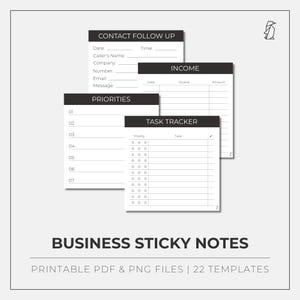 Puede incluir: Notas adhesivas de negocios imprimibles con plantillas para el seguimiento de contactos, el seguimiento de ingresos, el seguimiento de tareas y la priorización. Las notas son en blanco y negro con un diseño simple.