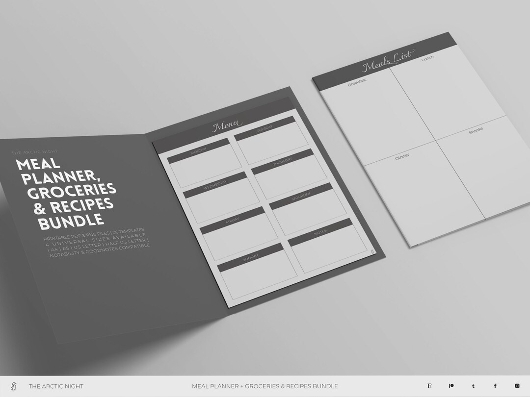 Printable Meal Planner, Grocery List & Recipe Organizer for Notability, Goodnotes A4, A5, US