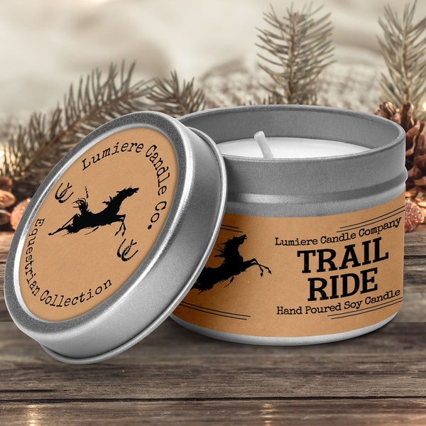 TRAIL RIDE - Equestrian Collection! - Soy Candle Tin - Horse Lover, Equestrian Gift, Equestrian Candle, Horse Candle, Saddle Candle, Horse