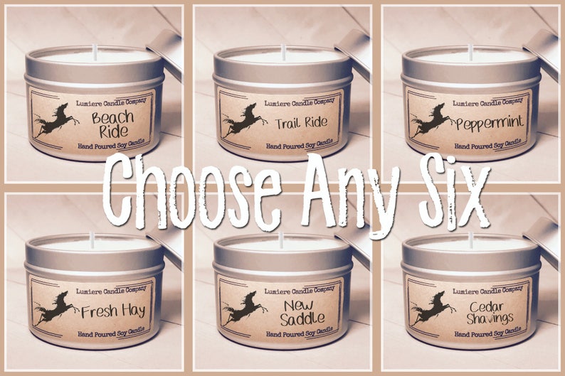 PICK ANY 6 Equestrian Themed Soy Candle Tins, Equestrian Collection Horse Lover, Equestrian Gift, Equestrian Candle, Horse Candle zdjęcie 1